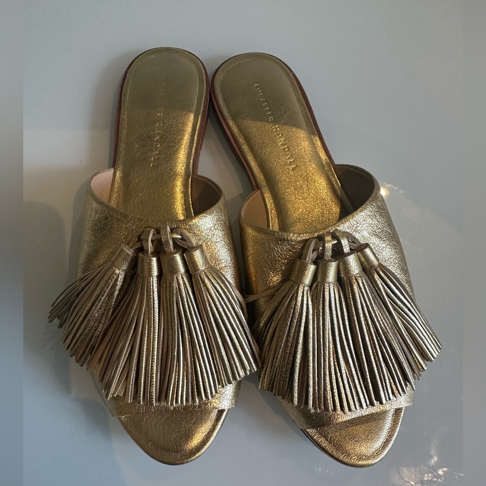 LOEFFLER RANDALL Kiki Leather Tassel Slides in Gold
